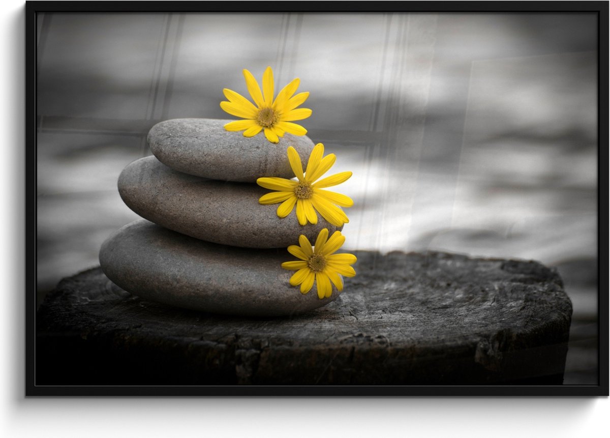 FrameYourWall Poster in lijst - Fotolijst 120x80 cm - Posters - Zen stenen - Bloemen - Geel - Natuur - Posterlijst zwart - Wanddecoratie badkamer - Muurdecoratie WC - Decoratieve accessoires - Toilet muur decoratie Stenen - Grijs