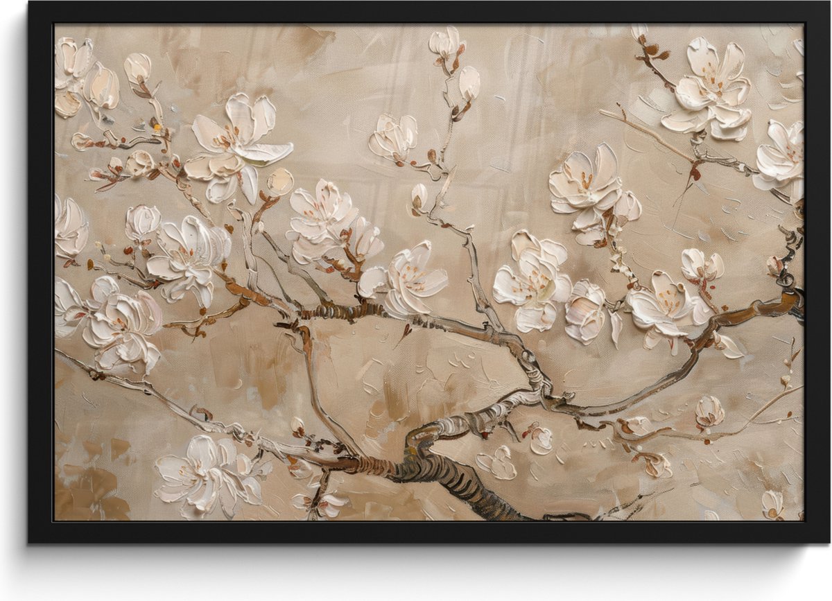 FrameYourWall Poster in lijst - Fotolijst 60x40 cm - Posters - Bloemen - Modern - Beige - Wit - Bloesem - Posterlijst zwart - Decoratie - Wanddecoratie woonkamer - Muurdecoratie slaapkamer