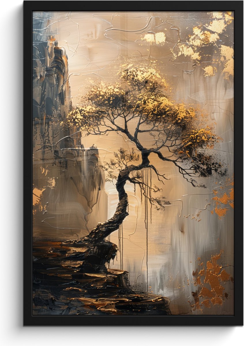 FrameYourWall Poster in lijst - Fotolijst 40x60 cm - Posters - Boom - Goud - Landschap - Verf - Posterlijst zwart - Decoratie - Wanddecoratie woonkamer - Muurdecoratie slaapkamer