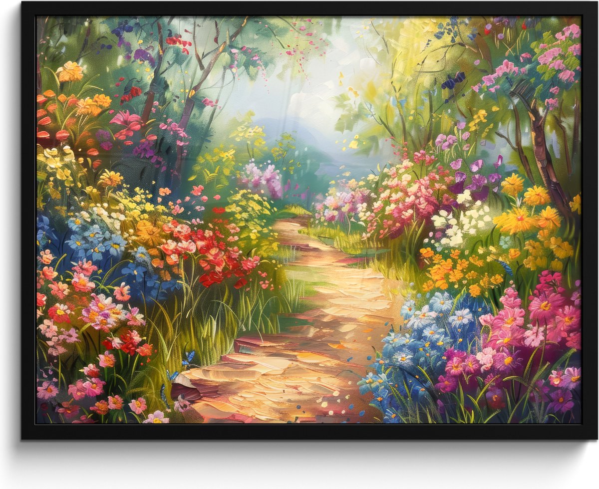 FrameYourWall Poster in lijst - Fotolijst 80x60 cm - Posters - Natuur - Landschap - Bloemen - Kleurrijk - Posterlijst zwart - Decoratie - Wanddecoratie woonkamer - Muurdecoratie slaapkamer Bloemen landschap