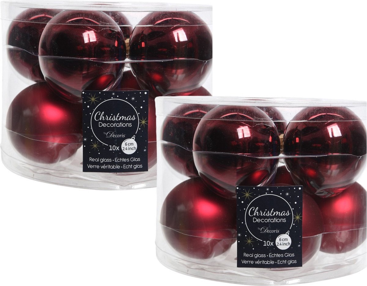 Decoris Kerstballen set - 20x stuks - donkerrood - glas - 6 cm - glans en mat - kerstversiering