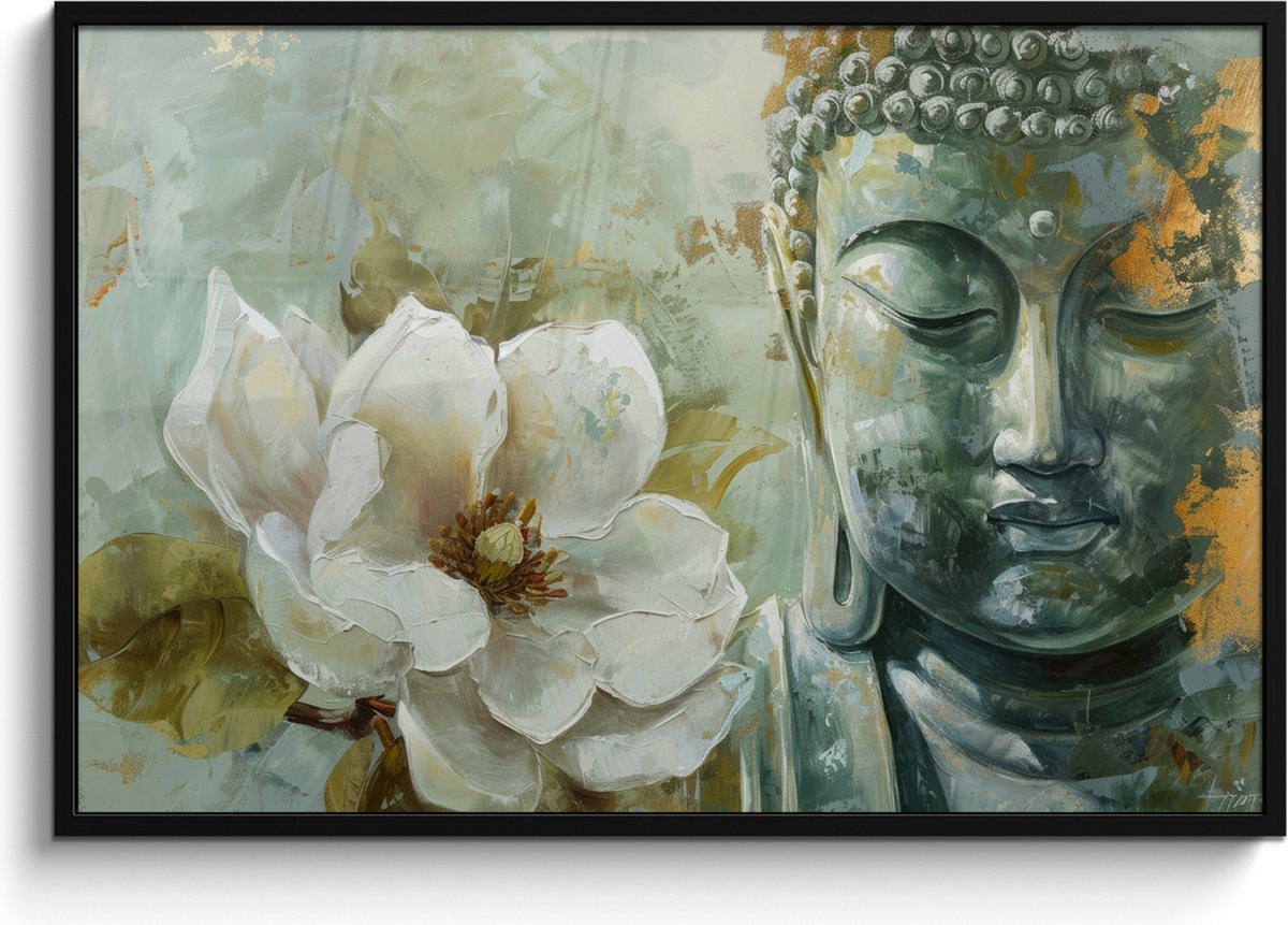 FrameYourWall Poster in lijst - Fotolijst 120x80 cm - Posters - Boeddha - Groen - Lotusbloem - Wit - Posterlijst zwart - Decoratie - Wanddecoratie woonkamer - Muurdecoratie slaapkamer