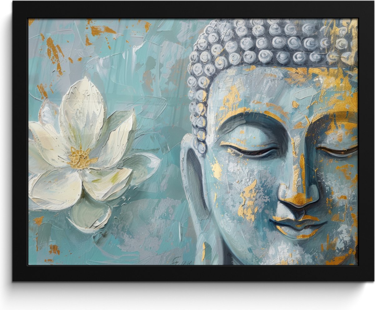 FrameYourWall Poster in lijst - Fotolijst 40x30 cm - Posters - Boeddha - Bloem - Lotus - Goud - Blauw - Posterlijst zwart - Decoratie - Wanddecoratie woonkamer - Muurdecoratie slaapkamer Boeddha - Blauw