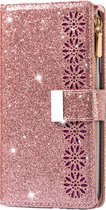 Coque adaptée pour iPhone 16 Pro Max - Bookcase - Cordon - Porte-cartes - Portefeuille - Glitter - Motif fleurs - Simili cuir - Or rose