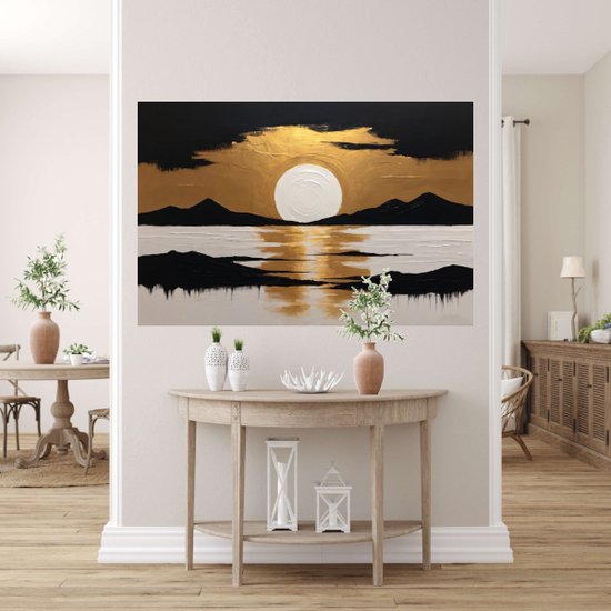 Zonsondergang met zwart en goud glas schilderijen - Zonsondergang glasschilderij - Natuur - Woonkamer decoratie industrieel - Acrylglas - Muurdecoratie slaapkamer - Acrylglas 120x80 cm