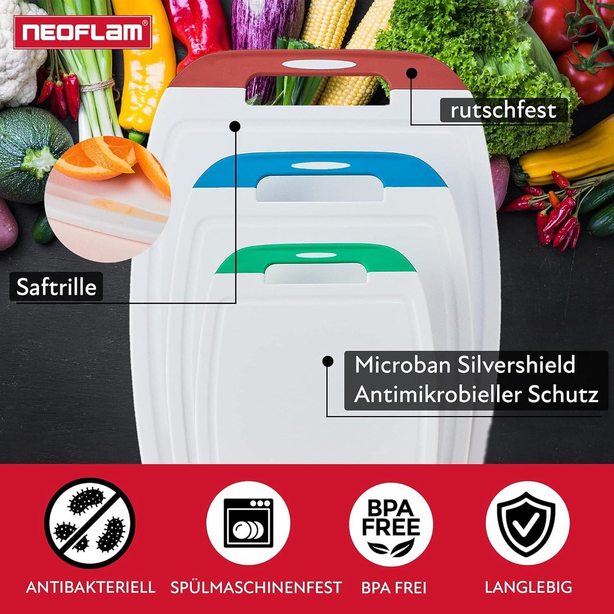 NEOFLAM Set van 4 antibacteriële snijplanken van kunststof, antislip snijplank, microban snijplanken, vaatwasmachinebestendige snijplanken, snijplank