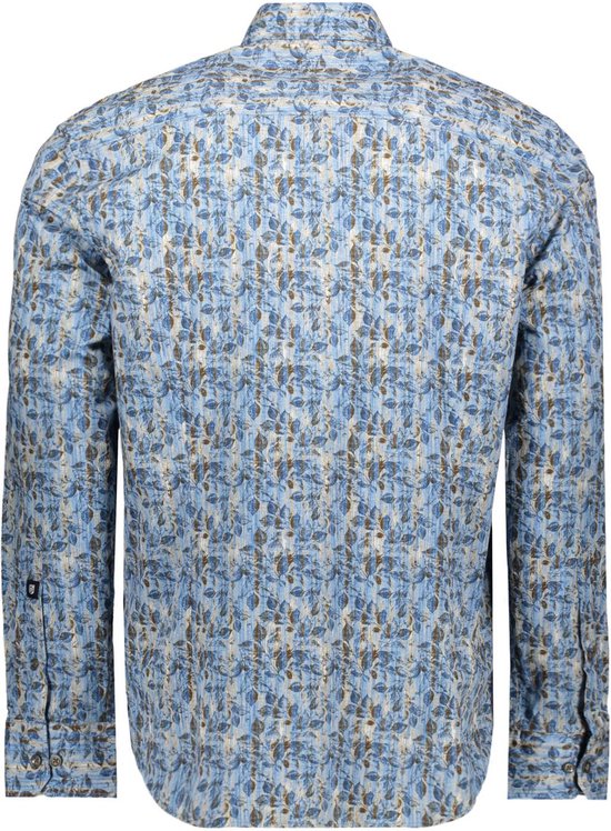 Achterkant van een blauw overhemd met lange mouwen, bruine bladprint en verticale strepen.