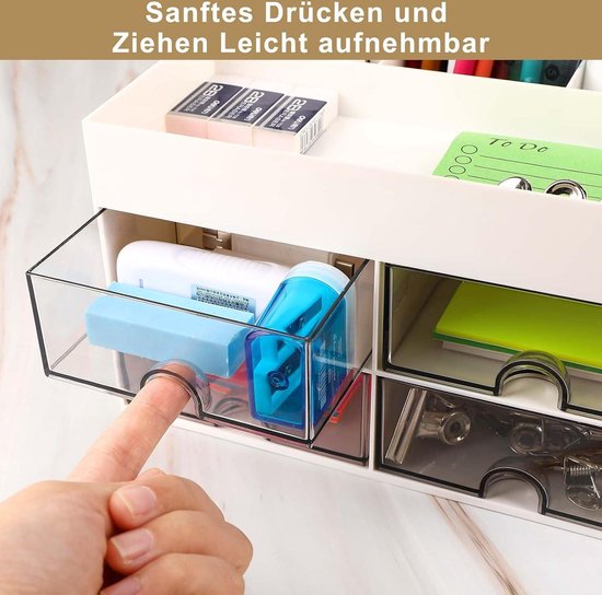 Comix Desk Organizer With Drawer, Desk Storage Box With 4 Drawers, Plastic Office Stationery Supplies Organizers, Desktop Organizer For Office School Home (White - View #11