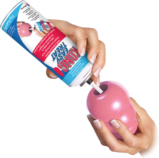 Roze KONG vult een roze KONG met traktatie. Blauwe tekst KONG EASY TREAT