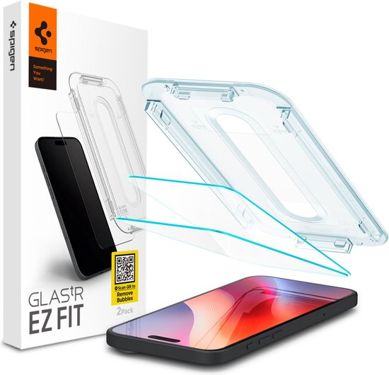 Spigen Lot de 2 films de protection d'écran pour Apple iPhone 16 – EZ Fit GLAS.tR – Tempered Glass 9H – Compatible avec les coques – Installation facile