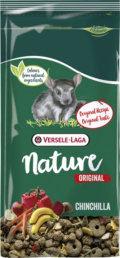 Versele-Laga Nature Original Chinchilla voer in donkergroene verpakking met afbeelding van een chinchilla en natuurlijke ingrediënten.