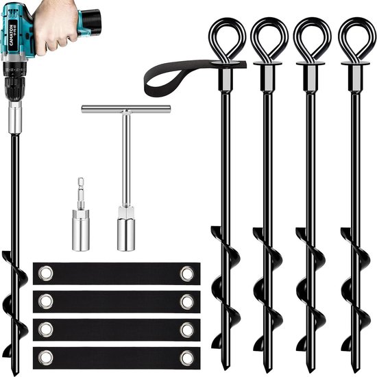 SONGMICS Set of 4 Anchorages for Trampoline, Ground Anchor, Spiral Anchor, 4 Pegs and 4 Straps, Plugs, Mounting Accessories for Swing, Silver and Black SGN15INV1 SONGMICS Set of 4 Anchorages for Trampoline, Ground Anchor, Spiral Anchor, 4 Pegs and 4 Straps, Plugs, Mounting Accessories for Swing, Silver and Black SGN15INV1