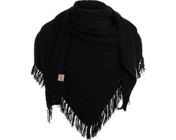 Knit Factory Amber Gebreide Omslagdoek - Driehoek Sjaal Dames - Dames sjaal - Wintersjaal - Stola - Wollen sjaal - Zwarte wintersjaal - Zwart - 190x85 cm - Sjaal met franje