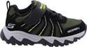Zijkant van een zwarte en groene Skechers jongens sneaker met klittenband, gele "SKECHERS ADVENTURE" tekst en "WATERPROOF" print.