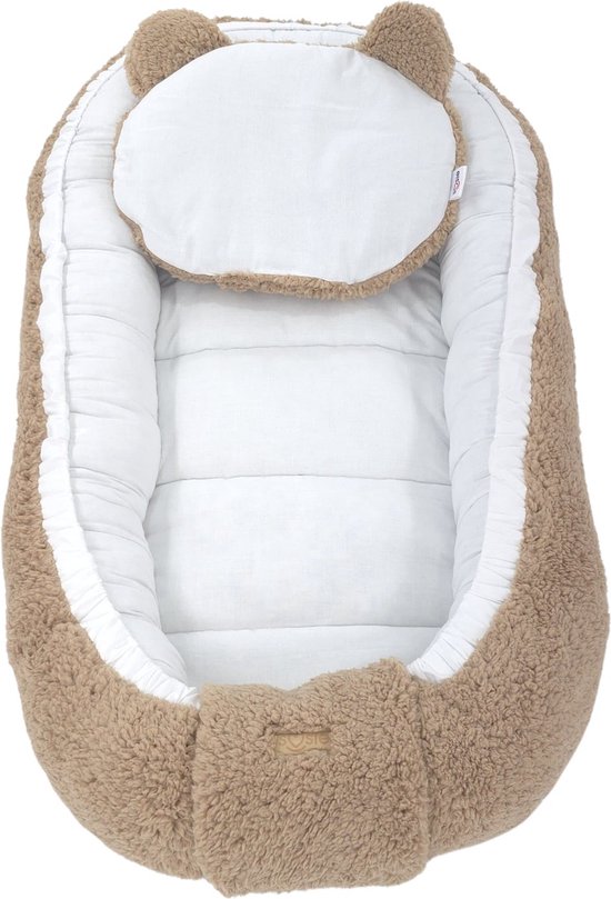 Soosie - Baby Nestje - Babynestje - Zacht en Veilig - Bruin Teddy Katoen en Witte Katoen