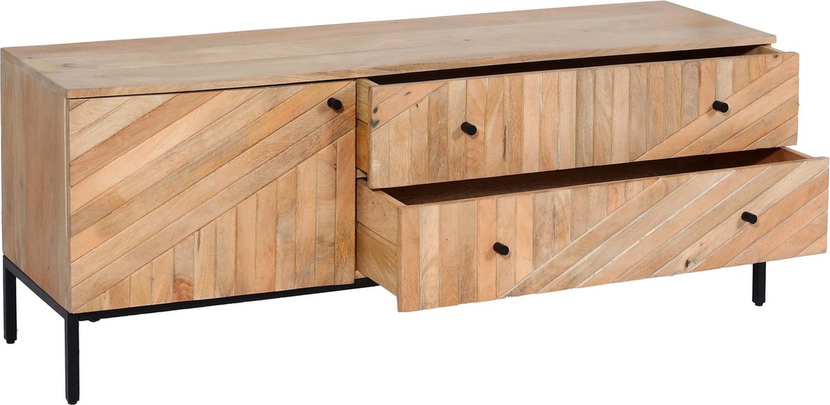 MCW TV-rek MCW-L95, TV-standaard TV-tafel lowboard TV-meubel ladekast, massief mangohout 56x145x43cm MVG, naturel Beige