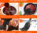 Stapsgewijze uitleg over hoe het product te gebruiken: marinade maken, kwast onderdompelen, gelijkmatig aanbrengen, reinigen na gebruik. Tekst: Hoe gebruik je het? Bereid je marinade of saus. De kwast onderdompelen. Gelijkmatig aanbrengen. Reinigen na gebruik.