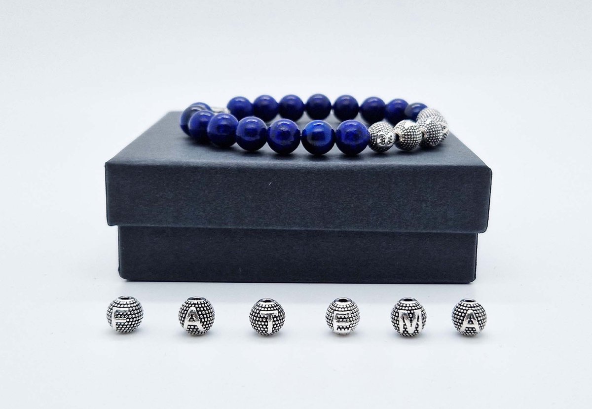 Handgemaakte Natuurstenen armband met metaal naam "Azuur" - Met je naam of de naam van uw geliefde- 8 mm diameter van de korrel- Diameter armband 20 cm - Een mooi cadeau voor familie en vrienden