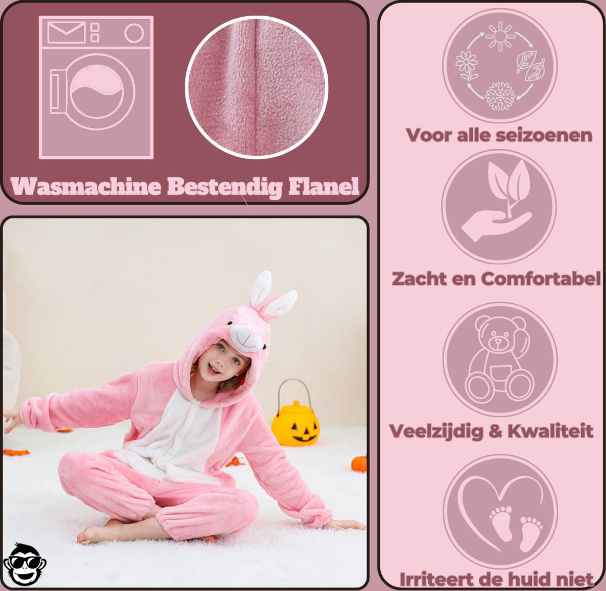 BoefieBoef Dieren Onesie Verkleedkleding Kinderen – Comfortabele Kostuum Pyjama – tot 140 – Dierenpak voor Jongens en Meisjes – Feest, Carnaval Verkleedkleding - Kerst, Dierenpak - of Verjaardag Cadeau - Konijn Roze — afbeelding 3