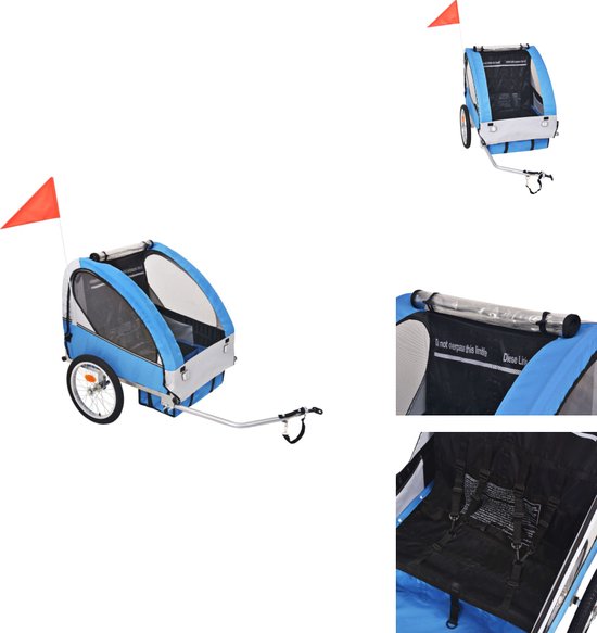 vidaXL Remorque à vélo pour enfants - Grijs/ Blauw - Acier - 137 x 77 x 87 cm - Capacité de charge 30 kg - Remorque à vélo