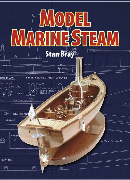 Model van een houten stoomboot met een messing ketel en schoorsteen, op een houten sokkel.