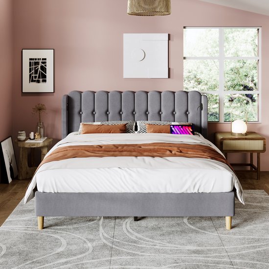 Sweiko Gestoffeerd bed Tweepersoonsbed met USB Type C Oplaadfunctie, Bedplaats met platte noedelsvoet, Grijs Gestoffeerd bed, 160 x 200 cm bedplaats Slaapkamer Jeugdbed Gastenkamer linnenmateriaal (geen matras)