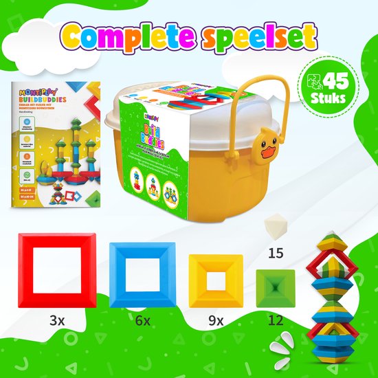 MontiPlay® Build Buddies - 45 Stuks Blokkentoren - Educatief Montessori Speelgoed - Stapelstenen & Blokken - STEM & Sensorisch Peuterspeelgoed - Vanaf 3 Jaar - Kinderspeelgoed - Bouwblokken van MontiPlay® — afbeelding 2
