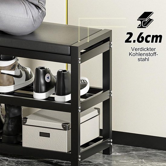 Rack à chaussures avec siège rembourré avec Bench à 3 niveaux - Meuble à chaussures 65 x 25 x 41,5 cm - Acier au carbone Charge 150 kg pour entrée couloir salle de Living salon