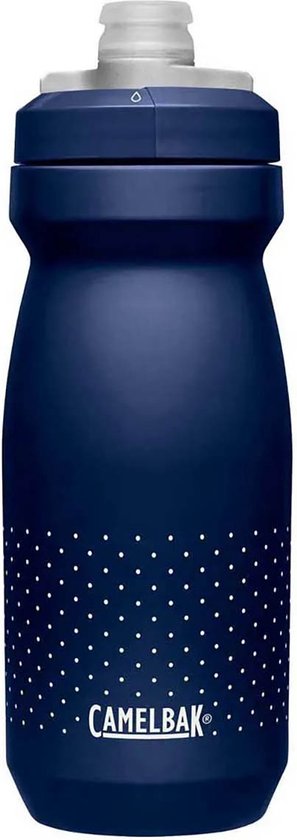 Marineblauwe bidon met witte 'CAMELBAK' tekst en stippenpatroon.