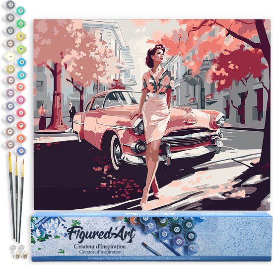 Figured' Art Peinture par numéros Adultes Toile Dame et Voiture Classique Rose - Kit de Peinture Acrylique Artisanal DIY Complet - 40x50 cm sans Cadre