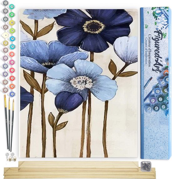 Compleet schilderpakket: canvas met blauwe bloemen, verfpotjes, penselen, lijstdelen en spijkers.