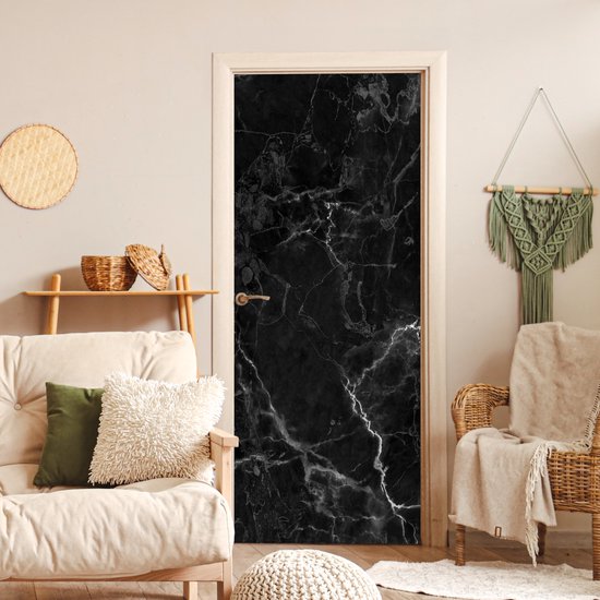 Deurposter 90x205 cm - Deursticker Marmer - Zwart - Wit - Textuur - Marmerlook - Meubelfolie zelfklevend - Deurfolie woonkamer - Interieurfolie fotobehang - Deur plakfolie - Deurstickers - Deurbehang sticker - Kamer decoratie