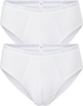 Twee witte Sloggi midi slips met logo op de grijze tailleband.