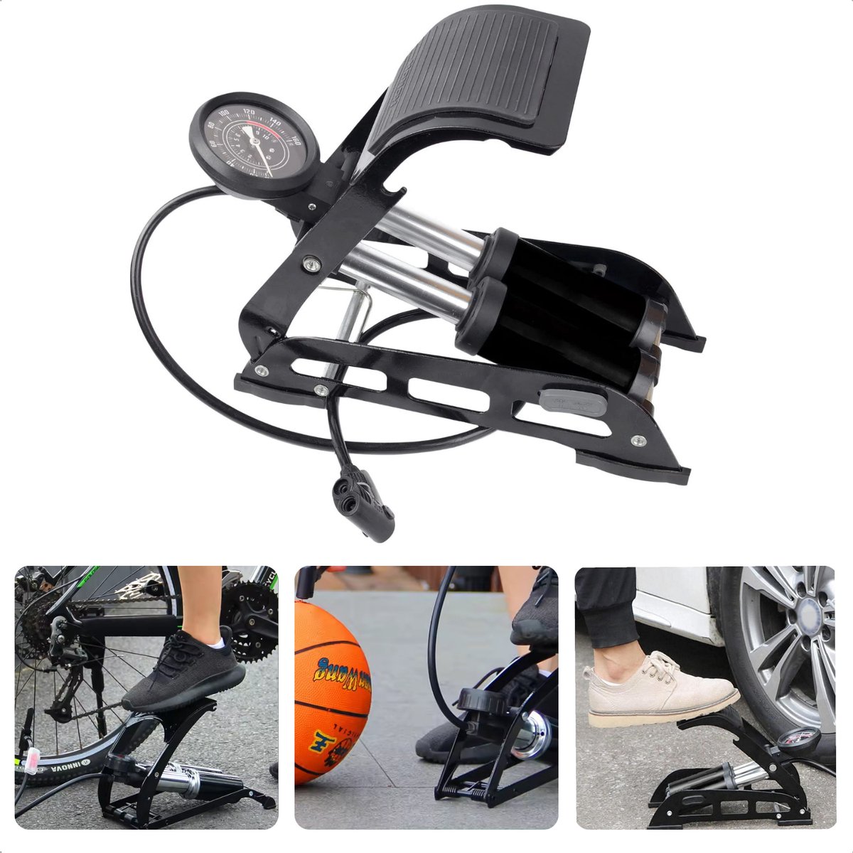 Draagbare Voetpomp met Manometer voor Fietsen en Opblaasbare Artikelen - Slanglengte 75 cm - Max 11 Bar, 160 PSI - Opvouwbaar Design - Inclusief EBOOK
