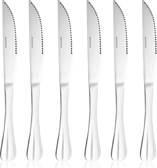 PROKING Vleesmessen set 6 Stuks RVS - Steakmessen - Messen - Messenset - Keukenmessen - Vaatwasserbestendig - 22cm - Zilver