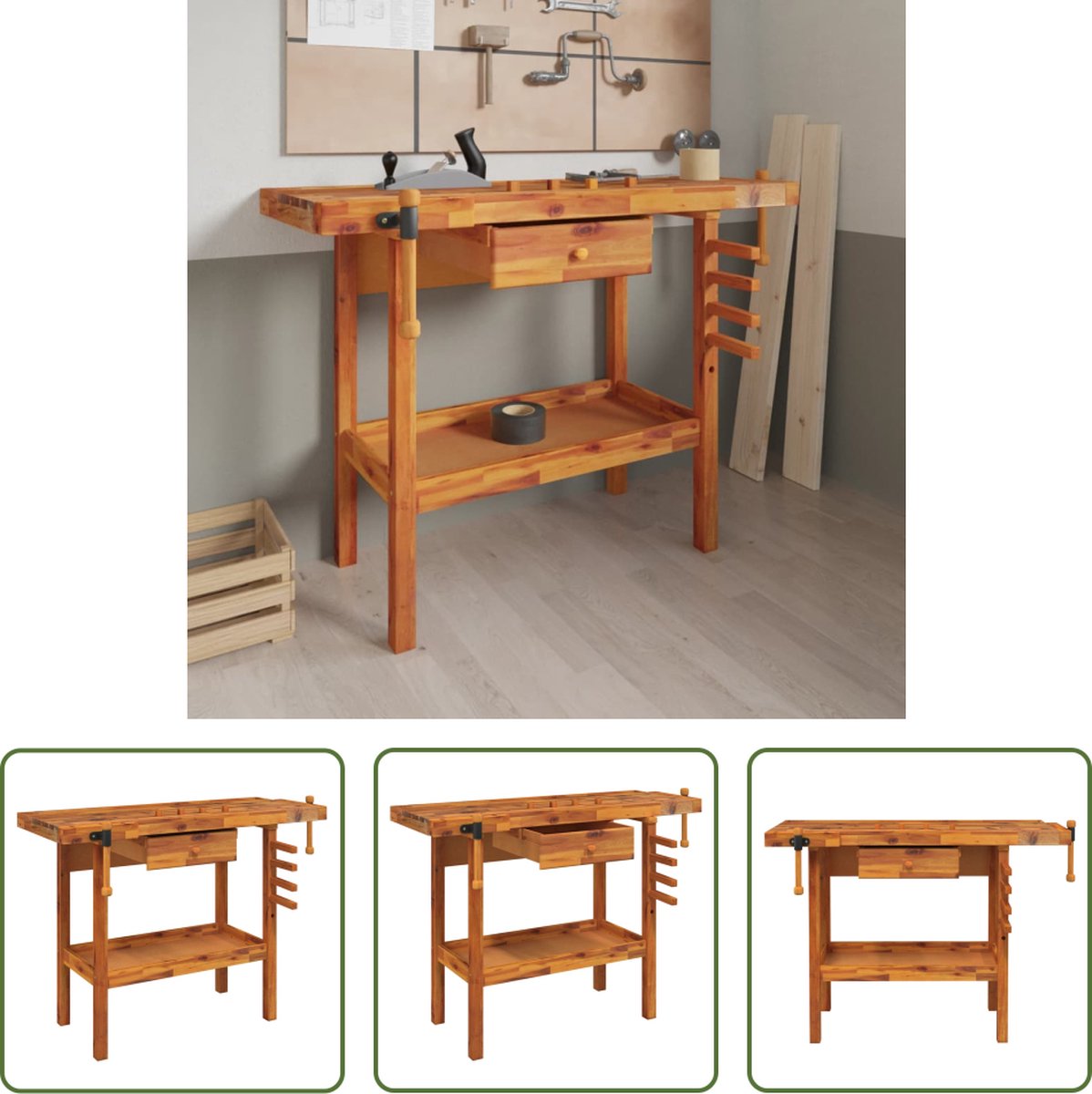 The Living Store Werkbank Massief Acaciahout Met Opberglade Stabiel Werkblad Wandmontage Vereist Kleurvariatie Inclusief Montagehandleiding Afmeting- (116-124) x (44-52) x 83 cm