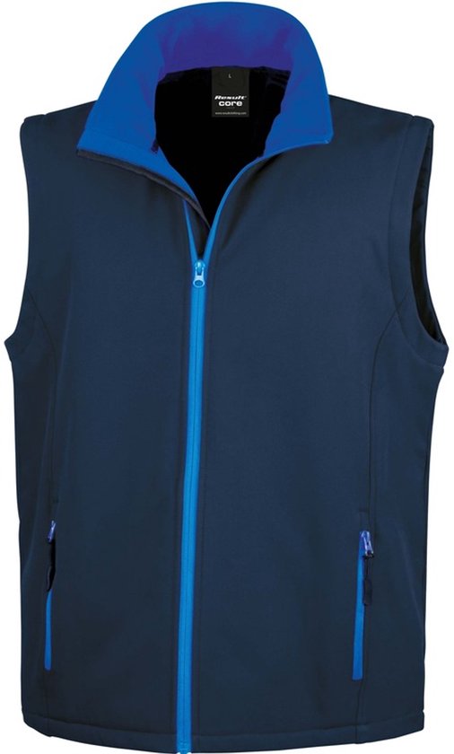 Donkerblauwe bodywarmer met contrasterende kobaltblauwe rits en voering, staande kraag.