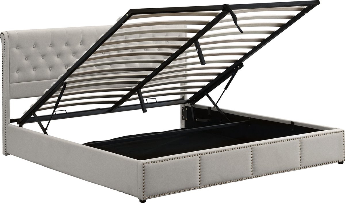 Merax Gestoffeerd Bed met Opbergruimte - Hydraulisch Systeem 140 x 200 cm Fluweel Linnen Inclusief Lattenbodem Nietendecoratie Zonder Matras