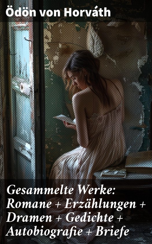 Vrouw in crèmekleurige jurk met plooien, zittend bij een raam, lezend. Titel: "Gesammelte Werke: Romane + Erzählungen + Dramen + Gedichte + Autobiografie + Briefe".