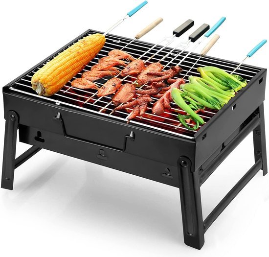 Houtskoolgrill met standaard, roestvrij stalen houtskoolgrill, opvouwbaar en draagbaar, geschikt voor barbecuefeestjes in de open lucht van 5-10 personen, grillwagen, houtskoolgrill, barbecue