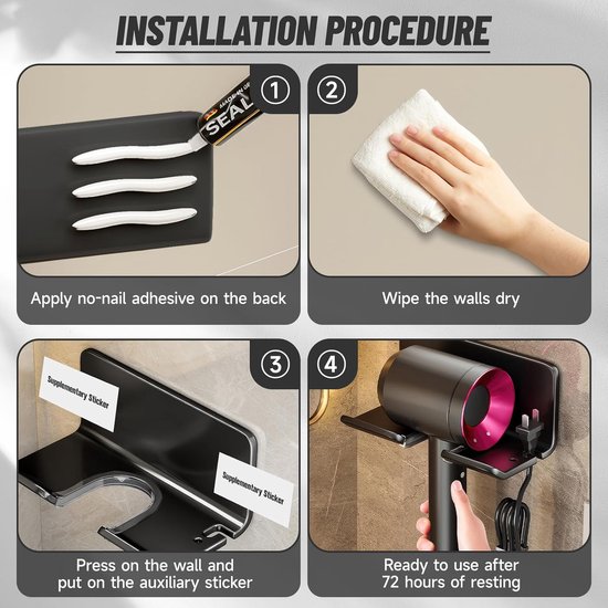 Föhnhouder, kabelhouder, föhnhouder, niet boren, gepatenteerde lijm