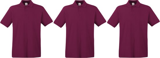 Drie bordeauxrode poloshirts van Fruit of the Loom met korte mouwen.