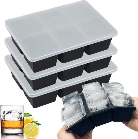 JOPHEK Ijsdienblad, 3 Stukken 18 Silicagel Ijsvormen, Ijsblokjes Met Afdekkingen, 4.8cm Vierkante Ijsblokjes Voor Cocktails, Whisky, Wijn, Fruit, Fruitpuree en Ijs