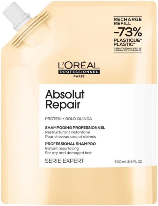 Goudkleurige navulverpakking van L'Oréal Professionnel Absolut Repair shampoo met witte dop. Bevat 500ml.