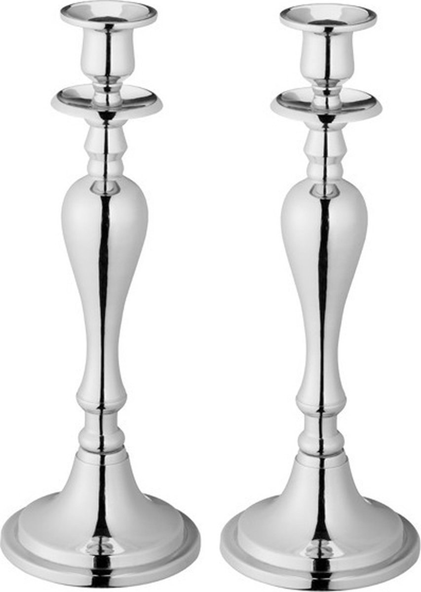 Cepewa Kaarsen kandelaar - Set van 2x stuks - klassiek - zilverkleurig - metaal - 11 x 30 cm - kaarshouder