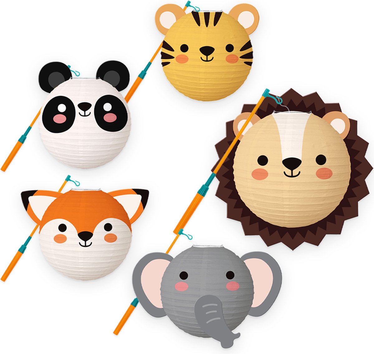 Lampion - Sint Maarten - Lampionstokje - Met Lichtje - Dieren - Treklampion - Papier - Kind - Wit - Versiering - 5 Stuks