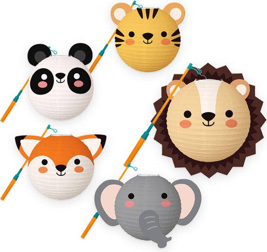 Lampion - Sint Maarten - Lampionstokje - Met Lichtje - Dieren - Treklampion - Papier - Kind - Wit - Versiering - 5 Stuks