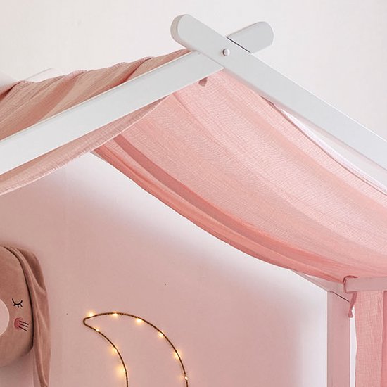 Rideau enfant 'Maison' Rose 90x 200 cm - 100% Katoen de coton Bio - Spécial pour le lit cabane 'Maison' 90x200 cm - Avec rubans pour une fixation ferme - Pour une ambiance onirique et cosy