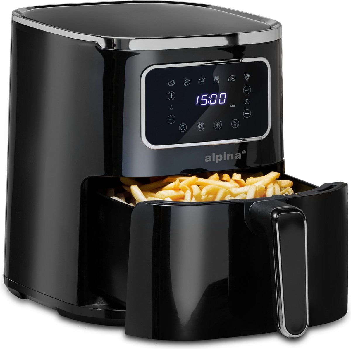 alpina Airfryer 4.5L- Heteluchtfriteuse voor 3 tot 4 Personen - Air Fryer met Digitaal Display - Instelbare Temperatuur van 80°C tot 200°C - Timer tot 60 Minuten - Hetelucht Friteuse 1450W