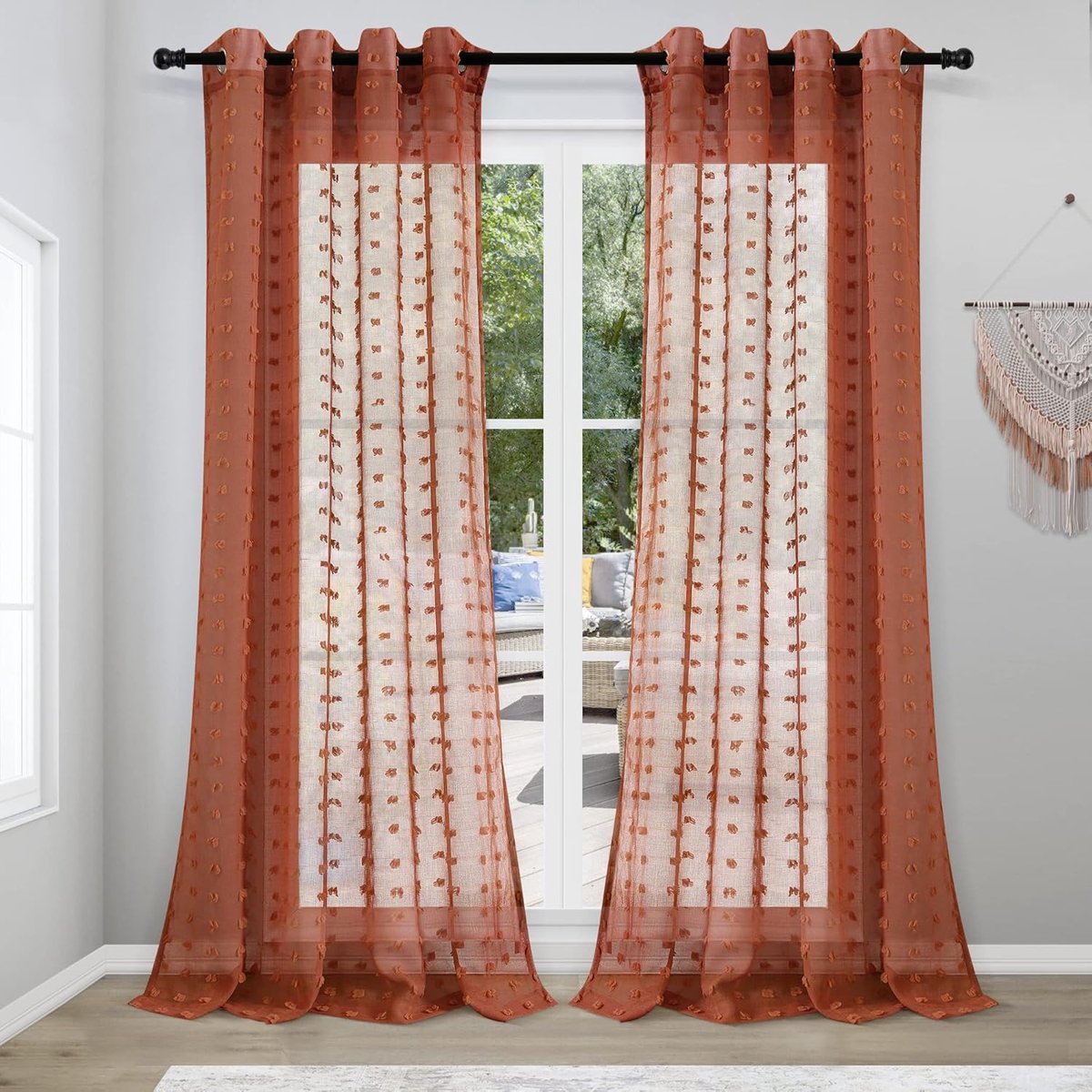 Riokem ® Roestrode gordijnen woonkamer gordijnen transparante voile vitrage meisjeskamer linnen structuur met ringetjes pompons ringgordijn luchtig decoratief gordijn voor slaapkamer kinderkamer, 245 x 140 cm